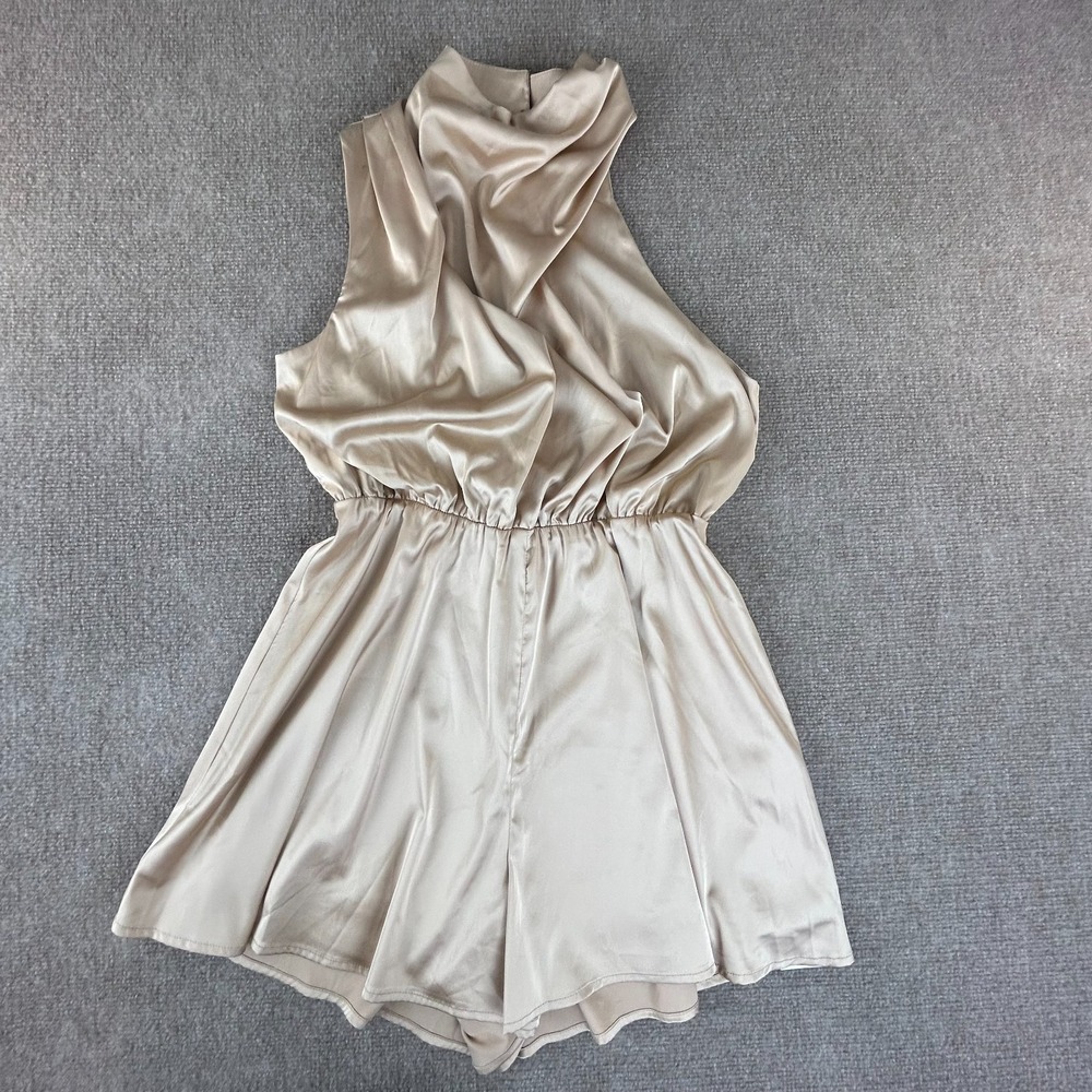Commense Short Jumpsuit Womens M Beige Pleated Stretch Halter Neck Minimalist